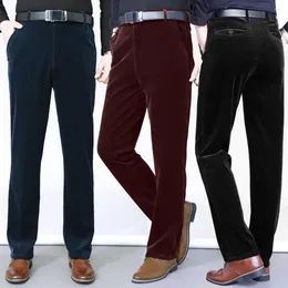 Men's Pants Suit Straight Fit Winter Fleece Lining Warm Corduroy High Waist Ankle-Length Casual Trousers For Office