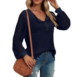 Women's T Shirts Autumn/winter Waffle Lace Patchwork Long Sleeved Button Up T-shirt Top