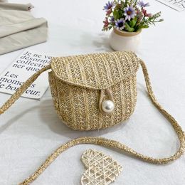 Shoulder Bags 2024 Straw Bag For Women Rattan Woven Designer Big Pearl Lock Messenger Crossbody Summer Small Beach