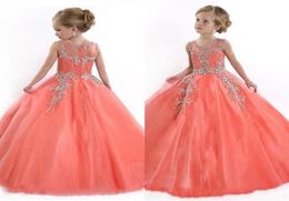 Cheap Little Girls Pageant Dresses Princess Tulle Illusion Jewel Neck Crystal Beads Coral Tulle Kids Flower Girls Dress Cheap Birt7021883