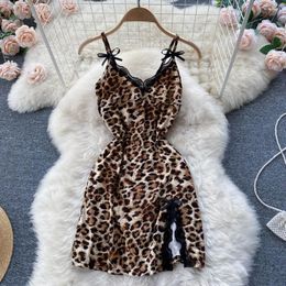 Casual Dresses 2024 Summer Spice Girl Leopard Suspender Dress Women's Slim Drawstring Backless Splicing Split Lace