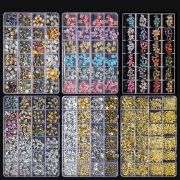 Decorations CHUNSHU 24 Grid Nail Art Decorations Mixed Retro Gold Silver Gem Metal Zircon 3D Nail Charms Luxury Planet Diamond Manicure