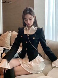 Work Dresses Skirt Suit Temperament 2 Piece Set Women Clothing Flare Sleeve Y2k Jackets High Waist Pleated Mini Skirts Outfits Roupas Femme