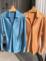 Women's Blouses Birdtree Mulberry Silk Slim Luxurious Shirt Women Solid V-Neck Long Sleeved Office Lady Chic Autumn Spring T3D525QC