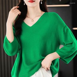 Women's T Shirts V-Neck Lantern Sleeve Sweater Long Sleeved Slim Fit Spring Autumn Loose Fitting Solid Colour Imitation Wool T-Shirt Top