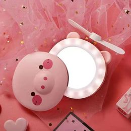 GU317 Cartoon Cute Piggy Mini Cosmetic Mirror Compact Portable Pocket Makeup Mirrors Cooling Fan Light Handheld USB Rechargeable 240408