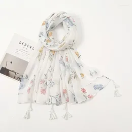 Scarves Summer Printed Floral Cotton Viscose Tassel Scarf White Long Shawl For Woman Muslim Hijab Ladies Casual Wraps Headband 190 90cm