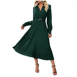 Casual Dresses High Street A Line Long Ladies Lapel Pleated Dress Lantern Sleeve Solid Color Large Swing Temperament Tunic