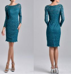 Teal Blue Lace Mother Of the Bride Dresses Knee Length Long Sleeves Beaded Groom Evening Dress Arabic Short Prom Party Gowns2578838