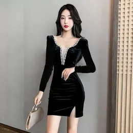 Party Dresses Summer Night Headquarters Dress For Women Clothing Low Cut Feminine Slim Buttocks Wrapped Gold Velvet Evening Work Clothes