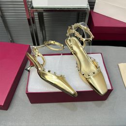 Sandals Shoes For Women Size34-42 Patent Leather Med Heels Rivet Pumps Slingbacks Square Toes Designer Zapatillas Mujer