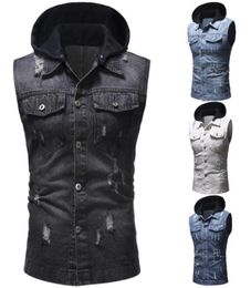 Spot Vests spring autumn trend men039s hole decoration button hooded denim vest support mixed batch8567309