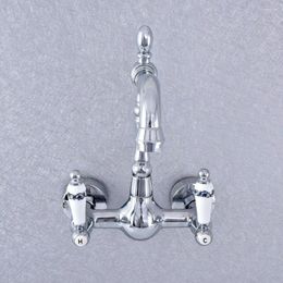 Bathroom Sink Faucets Polished Chrome Brass Wall Mounted Double Ceramic Handles Kitchen Basin Faucet Tap Lsf546