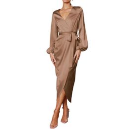 Clothing Manufacturer Low Moq Silky Acetate Womens Work Wedding Long Sleeves V-neck Dresses Plus Size