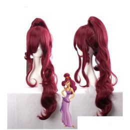 Cosplay perukları prenses megara peruk meg uzun kırmızı şarap sentetik saç cosplay7170776 damla dağıtım ürünleri dh9wd ott65