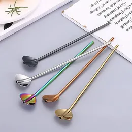 Drinking Straws Cocktail Spoon Straw Reusable Colored Stainless Steel Metal Long Handle 2 In 1 Drink Tea