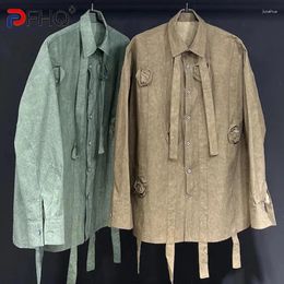 Men's Casual Shirts PFHQ Long Sleeved Loose Handmade Flowers Temperament Solid Colour Turn-down Collar Summer Button Tops Chic 21Z4308