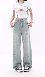 Women's Jeans Fragmented Embroidery Pattern Wide Leg Baggy Vintage Street Bottoms Young Girl Casual Trousers Female Loose Pants