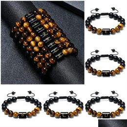 Charm Bracelets Initials For Men Letter Link Handmade Natural Black Onyx Tiger Eye Stone Beads Braided Rope Meaningf Bracelet Drop De Dh10S