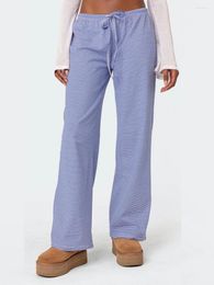 Mulheres de sono feminino Mulheres longas listradas de pijama calça elástica cintura amarra de pijama solto de pijama de espaguete de sono