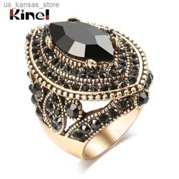 Cluster Rings Kinel Luxury Black Vintage Womens Ring Vintage Appearance AAA Crystal Bohemian Jewelry Gold Charm Ethnic Wedding Ring240408