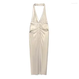 Casual Dresses 2024 Women Metal Sexy Midi Hanging Neck Dress Summer Open Back Fit Party Versatile