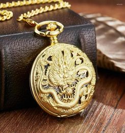 Pocket Watches Luxury Golden Mechanical Watch Dragon Laser Engraved Clock Animal Necklace Pendant Hand Winding Men Fob Chain9401604