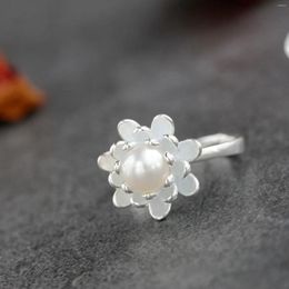 Cluster Rings Authentic 925 Sterling Silver Lotus Flower Inlaid Natural Freshwater Pearl Opening Ring Women Trendy Style Jewelry Gift