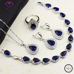 HuiSept Rings Earrings Necklace Bracelet 925 Silver Jewelry Set for Women Wedding Party Water Drop Shape Sapphire Gemstone Gift 240401