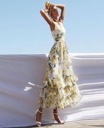 Lemon Print Maxi Dress Women Summer 2020 Sleeveless O Neck Cascading Ruffle Vintage Vestidos Beach Casual Wear Boho Long Dress5161980