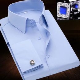 French Cuff Mens Long Sleeve Tuxedo Dress Shirt High Quality Slim Fit Male Social Wedding Party Shirts with Cufflinks240325