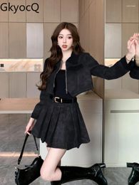 Work Dresses GkyocQ French Retro Two-piece Skirt Sets Fall And Winter Fashion Lapel Collar Short Leather Jacket Slim Pleated Mini