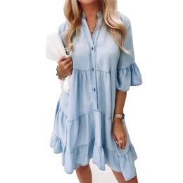 Cotton Denim Women Dress Solid Colour Mid Sleeves Aline Pattern Above Knee Stand Collar Ruffle Shirt Daily Clothe 240408