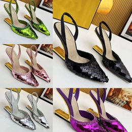 2024 Wedge Sandals for Women Fashion Designer Dress Shoes Genuine Leather Sequin Decoration Pointed Toe Wrap Ankle Strap High Quality Factory Shoe 9CM Heel