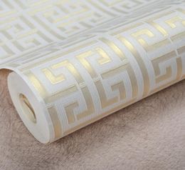Contemporary Modern Geometric Wallpaper Neutral Greek Key Design PVC Wall Paper for Bedroom 053m x 10m Roll Gold on White9772898