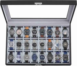 SONGMICS Watch Box 24-Slot Watch Case Lockable Watch Storage Box with Glass Lid Gift Idea Black Synthetic Leather Gray Lining UJWB024 11.6 x 16.9 x 3.1