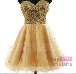 Gold A Line Homecoming Dresses Sequins Top Lace Up Back Graduation Party Gowns Short Prom Cocktail Vestidos3043760