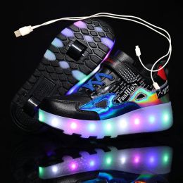 Sneakers Two Wheels Luminous Sneakers Black Red Led Light Roller Skate Shoes for Children Kids Led Shoes Boys Girls Shoes Light Up 2843