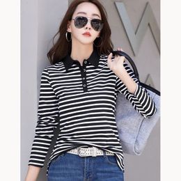 S-3XL Spring Autumn Polos Para Mujer Simple Striped Camisas Polo Neck T Shirt Long Sleeve Clothes Woman Cotton Tees Women Tops 240327