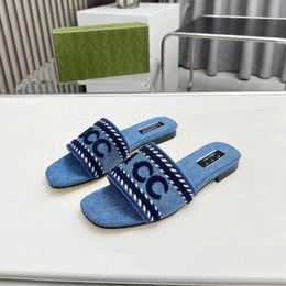 Light Blue Denim Slipper Women Flat Mules Luxury Slides Shoes Summer Slippers Embroidered Striped Designer Beach Sandals Shoes Easy Wear Slip-On Slippers