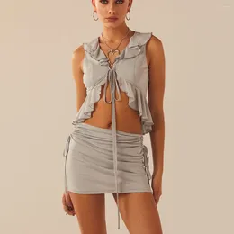 Work Dresses Summer Party Club Women's 2 Piece Outfits Sleeveless Irregular Ruffle Tank Tops Mini Drawstring Skirt Set
