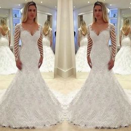Dresses Amazing Lace Mermaid Wedding Dresses Sequined Beaded Appliques Long Sleeves Bridal Dress Sexy Backless Sweep Train Wedding Gowns C