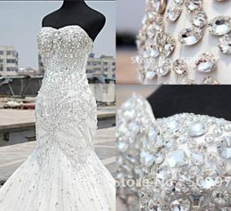 White Tulle Crystal Wedding Dress Mermaid Sweetheart Floor Length Rhinestone Corset Plus Size Bridal Gowns Custom Made8621117
