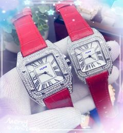 Famous Square Simple Dial Watch Luxury Roman Tank Series Men Women Clock Quartz Movement Good Nice Looking Red Blue Black Cow Leather Strap Diamonds Ring Wristwatch