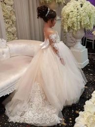 Dresses 2019 New Pink Sheer Jewel Neck Lace Applique Princess Little Flower Girl Wedding Dresses With Bow Long Sleeve First Communion Dres