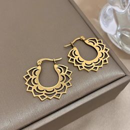 Hoop Earrings Greatera Stainless Steel U-Shaped Hollow Flower For Women Gold Plated Textured Metal Waterproof Jewellery