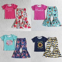 Wholesale Baby Girls Flower Outfit Short Sleeves Shirts Floral Bell Bottoms Pants Set Toddler Children Spring Fall Clothing 240323