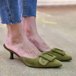 Woman Summer sandals Lady mules big size 42 basic style shoes kid suede french style buckle slippers Women pump pointed toe 240401