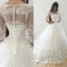 Dresses Luxury Puffy A Line Ball Gown Wedding Dress with Sleeves Illusion Bateau Neckline Lace Appliques Zipper Pearls Button Corset Brida