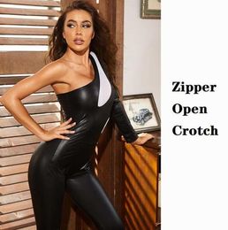 Other Panties Women Erotic Open Cross Lingerie Latex Leather Gymnastic Suit Crotchless Ladies One Shoulder Jumpsuit Sexy Botto8431008